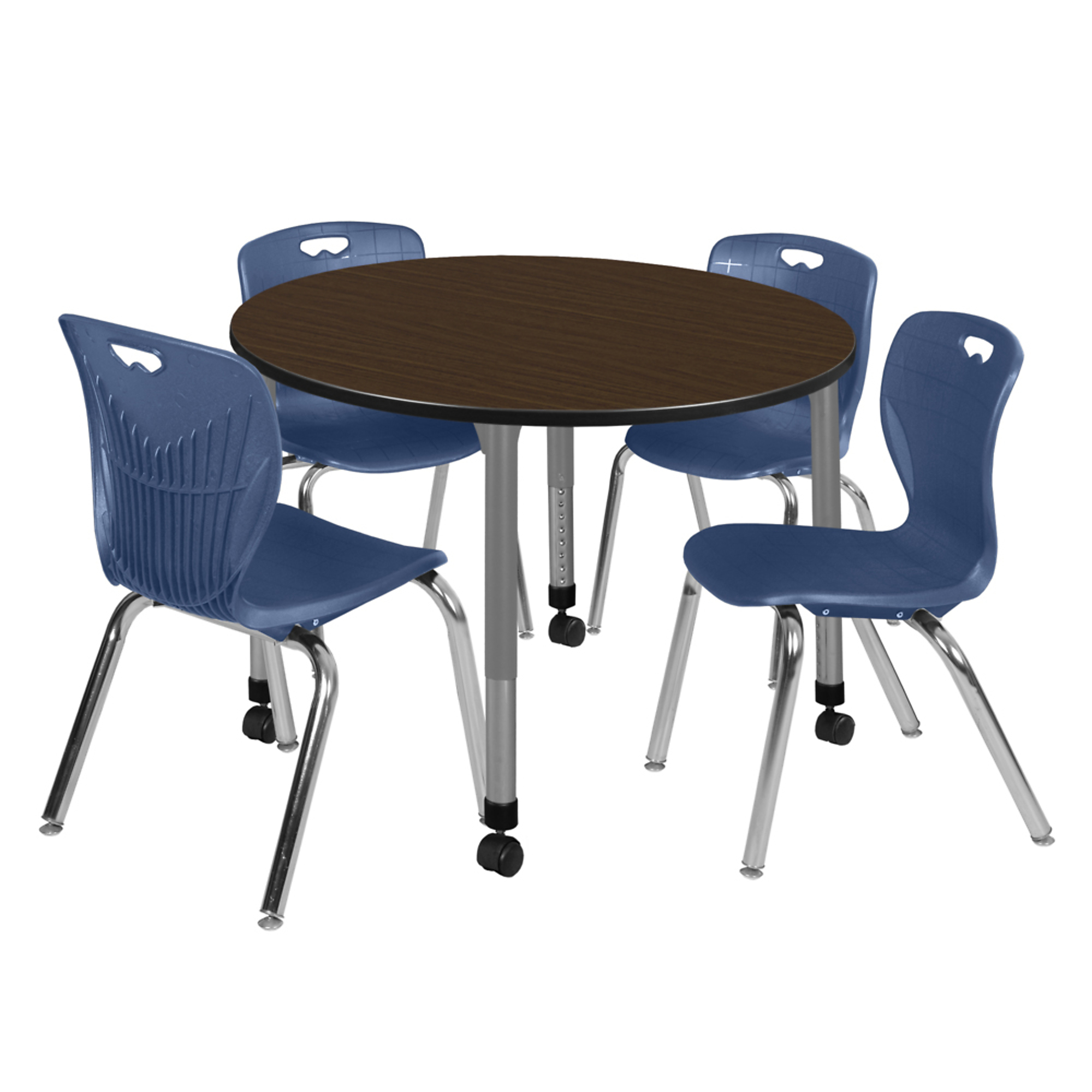 Regency Kee Mobile Adjustable Classroom Table Set — 48in. Round, Neo Walnut Top, Grey Base, 4 Navy Blue 18in. Stack Chairs, Model# TB48RNDNWAPCGY40NV